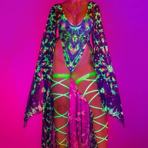 Butterfly Festival Set, Open-Front Skirt Set, Psychedelic Winged Costume, UV Reactive Clothing, UV Reactive Mesh Outfit, Rave Wear For Women