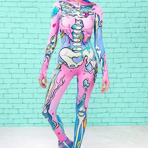 Kawaii Skeleton Bodysuit, Skeleton Onesie, Skeleton Jumpsuit, Skeleton Unitard, Skeleton Romper, Kawaii Clothing, Harajuku Clothing Women image 2