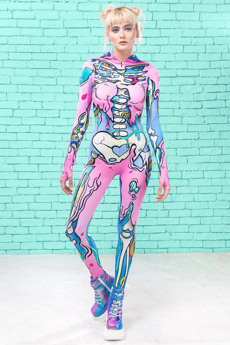 Kawaii Skeleton Bodysuit, Skeleton Onesie, Skeleton Jumpsuit, Skeleton Unitard, Skeleton Romper, Kawaii Clothing, Harajuku Clothing Women image 2