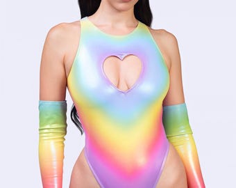 Heart Cutout Festival Bodysuit, Pride Costume, Rainbow Rave Bodysuit, Women Rave Wear, Festival Clothes, Shiny Sleeveless Festival Bodysuit