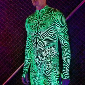Costume da uomo verde neon, costume reattivo alla luce UV, costumi da rave per uomo, costumi da festival per uomo, costume da festa maschile, costume da festa con luci UV per uomo