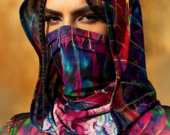 Dubbelzijdige mesh-capuchon Rave, capuchon festivalgaas, Burning Man-kleding, Rave-accessoires, transparante capuchon Rave, Rave-outfit, festivalcapuchon