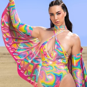Shiny Front Cross Bodysuit, Sexy Rave Wear, Butterfly Festival Bodysuit, Celestial Halter Bodysuit, Festival Fairy Costume, Women Rave Wear