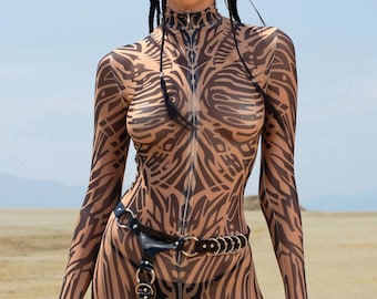 Psychedelische mesh kostuum vrouw, festivaloutfit voor vrouwen, rave-bodysuit, Burning Man-catsuit, pure rave-kleding, mesh-kostuumvrouw