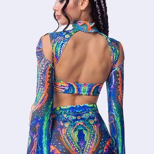 Psychedelic Rave Set, UV Rave Set, UV Reactive Festival Cutout Set, Maxi Sleeve Set Woman, UV Mesh Rave Clothing, Festival Party Outfit image 6