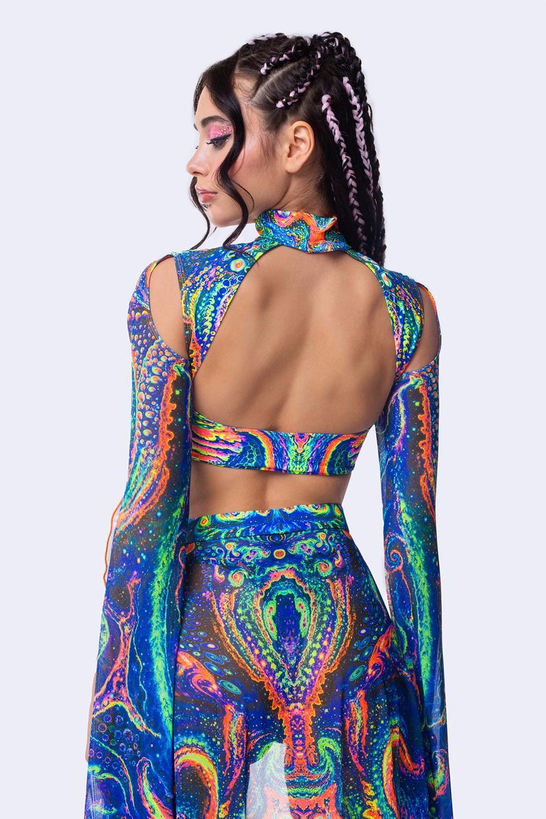 Psychedelic Rave Set, UV Rave Set, UV Reactive Festival Cutout Set, Maxi Sleeve Set Woman, UV Mesh Rave Clothing, Festival Party Outfit image 6
