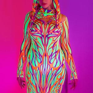 Neon Festival Dress Women, Party Disco Hooded Dress, Sexy Rave Hooded Dress, UV Reflective Dress, Cutout Dress For Women, Rave Outfit Woman