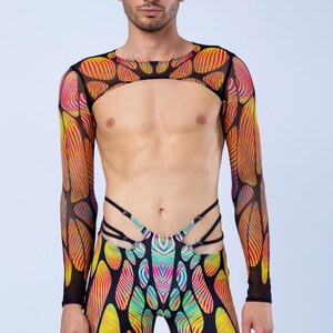 Mesh Male Pride Shrug, Pride Rainbow Sexy Top Man, Mesh Male Rave Disco Top, Transparent Pride Top, Cutout Festival Clothing, Male Pride Top