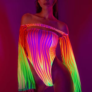 Rave Disco Neon Bodysuit, UV Light Revlective Bodysuit, Rave Bodysuit, Mesh Shrug For Women, Festival Bodysuit Women, Festival Outfit Women