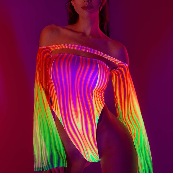 Rave Disco Neon Bodysuit, UV Light Revlective Bodysuit, Rave Bodysuit, Mesh Shrug For Women, Festival Bodysuit Women, Festival Outfit Women