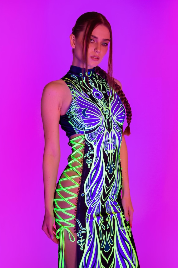 black and neon dress UV Slit Criss Cross for Women – Psychedelic Festival Clothing, Criss Cross Rave Dress, EDM Outfit, Sexy UV Criss Cross Slit Dress Size CN/US:XXL / 14 Mid Blue Denim Belted a-line bridesmaid dresses Gingham dress But hurry