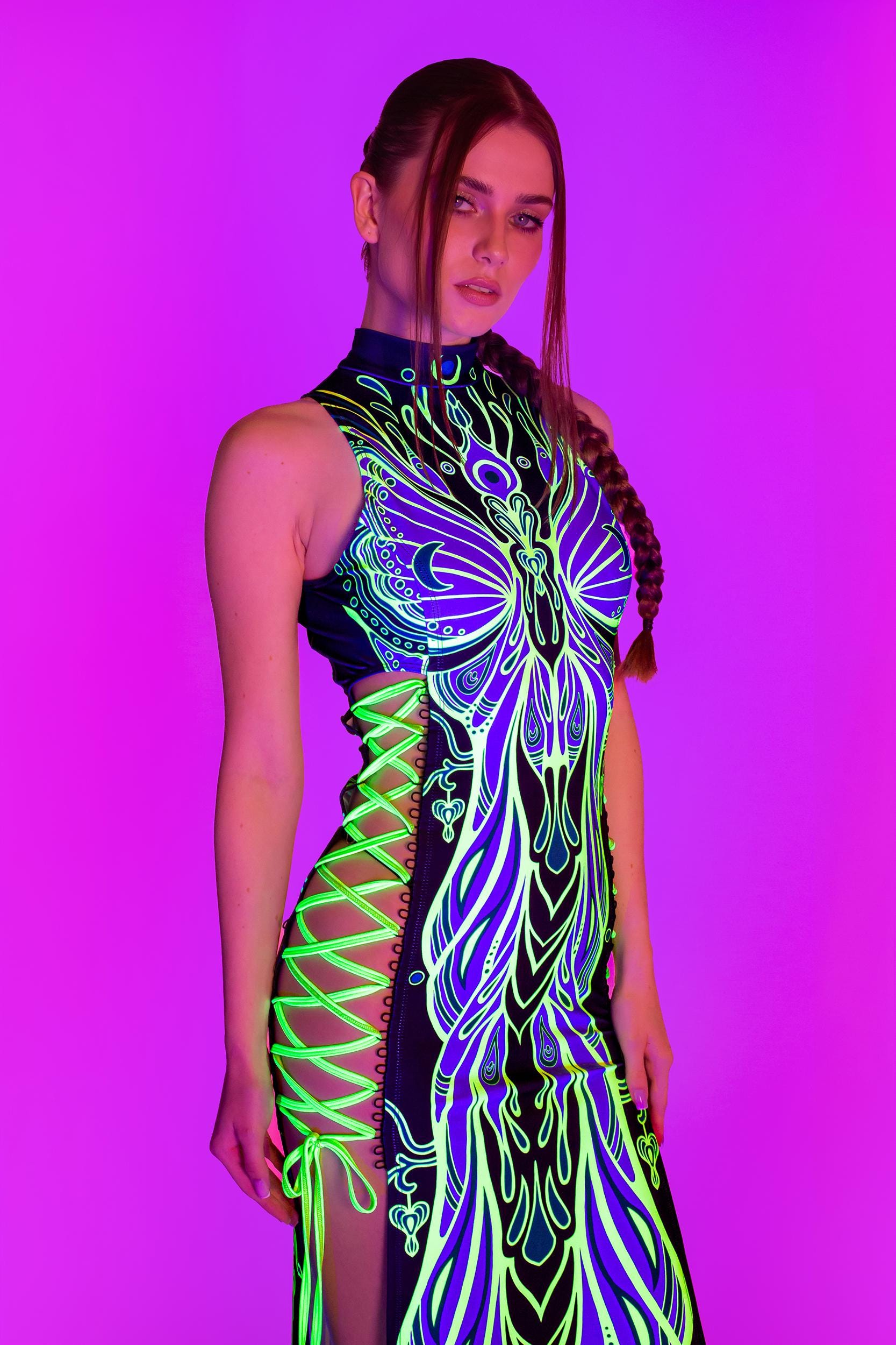 neon black dress UV Slit Criss Cross for Women – Psychedelic Festival Clothing, Criss Cross Rave Dress, EDM Outfit, Sexy UV Criss Cross Slit Dress The Sabine | Green 6% Spandex Filtercolour_Black Colour:GREEN