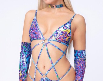 Psychedelic Bodysuit, Pool Party Bodysuit, Festival Cutout Bodysuit For Women, Party Bodysuit, Summer Rave Bodysuit, Sexy Harnessed Bodysuit