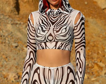 Festival Disco Top, Mesh Top For Woman, Burning Man Clothing Woman, Rave Clothing, Mesh Hooded Top Women, Long Sleeve Top, Rave Outfit Woman