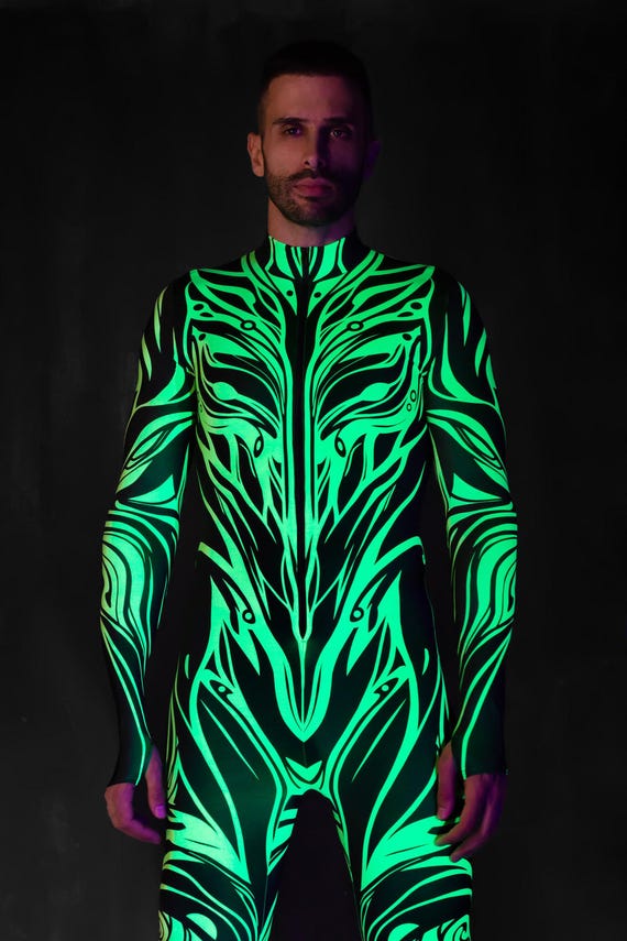 mens neon fancy dress UV Light Reactive Costume, Green Neon Costume, Cyber Costume, Festival Costume  Men, UV Reactive Costumes for Men, Rave Costume, BADINKA