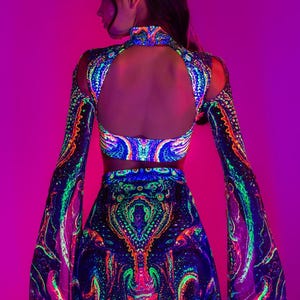 Psychedelic Rave Set, UV Rave Set, UV Reactive Festival Cutout Set, Maxi Sleeve Set Woman, UV Mesh Rave Clothing, Festival Party Outfit image 4