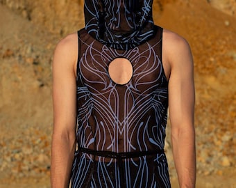 Tunique disco en résille pour homme, Tunique à capuche festival, Tenue Burning Man, Tunique Rave pour homme, Tenue de festival transparente, Vêtements de soirée rave pour hommes