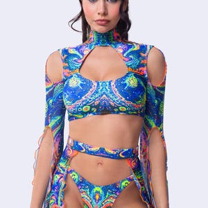 Psychedelic Rave Set, UV Rave Set, UV Reactive Festival Cutout Set, Maxi Sleeve Set Woman, UV Mesh Rave Clothing, Festival Party Outfit image 5