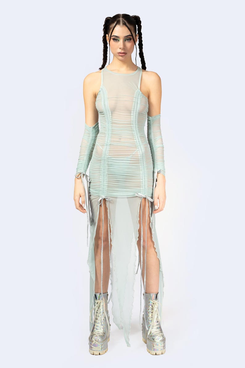 Slit Rave Ruched Dress, Mesh Hood and Dress, Burning Man Mesh Outfit ...