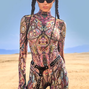 Rave Performance Costume, Psychedelic Outfit, Mesh Costume Woman, Psychedelic Costume For Women, Rave Clothing, Festival Mesh Costume Woman