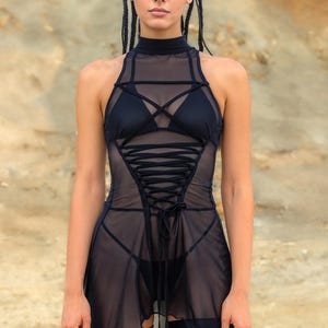 Black Rave Mesh Dress Woman, Lace Up Bodice Dress, Burning Man Mesh Outfit, Sheer Dress, Festival Clothing For Women, Rave Outfit Women