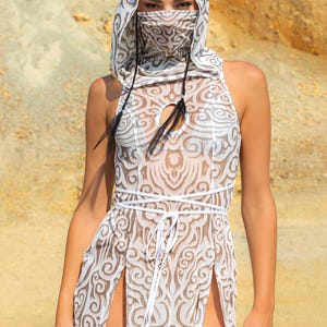 Hooded Mesh Dress Woman, Festival Outfit For Women, Rave Clothing, Burning Man Costume, Sheer Hooded Dress, Cyber Festival Clothing Woman