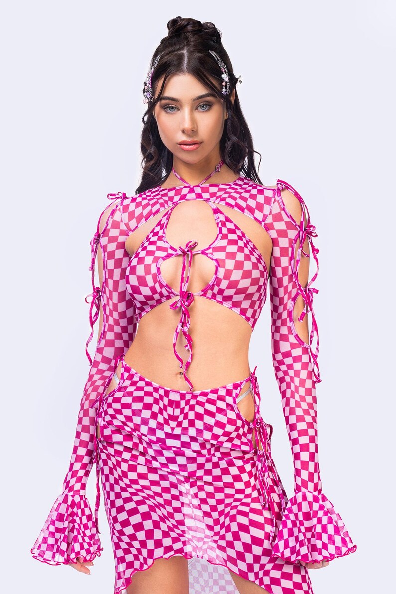 Women Rave Checkered Set, Transparent Skirt, Sheer Crop Top, Pink ...