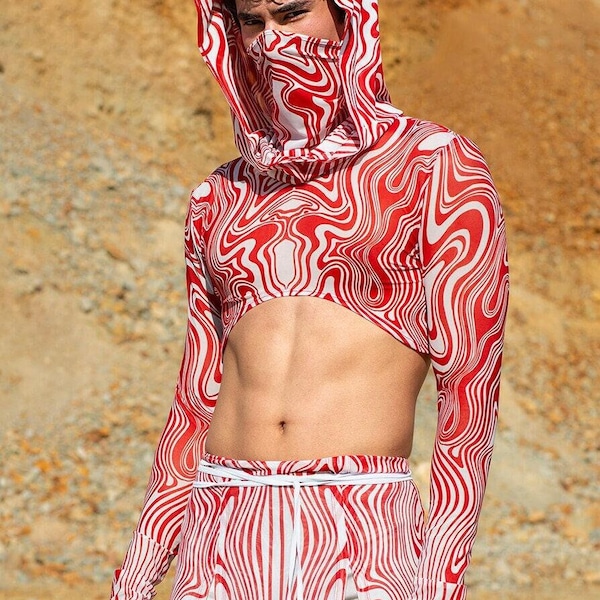 Top da rave maschile, top da festa da uomo, top da festa per festival, top con cappuccio in rete per festival, abbigliamento da festival da uomo, top Burning Man, outfit da rave da uomo