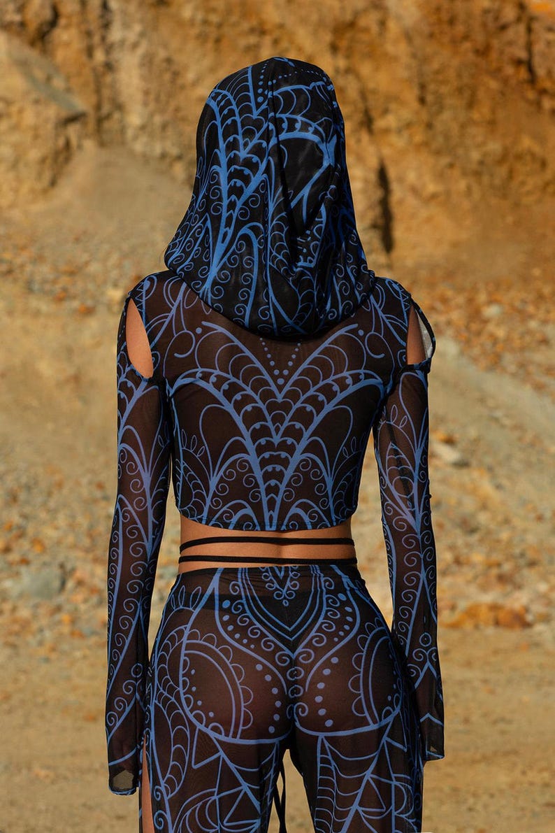 Sudadera de malla con capucha para mujer, sudadera de discoteca para festivales, sudadera de malla para mujer, atuendo Burning Man para mujer, ropa rave, sudadera de manga larga, atuendo de festival para mujer imagen 2