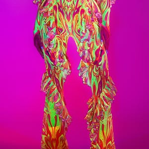 UV Reactive Festival Bottoms, Pink Mesh Rave Pants, UV Rave Wear, Psychedelic Rave Pants Women, Festival Mesh Pants, Pink Rave Set Woman