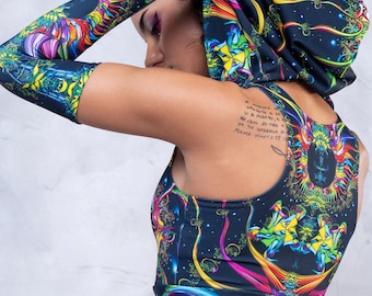 Sudadera con capucha y cinturón largo, pantalones cortos para rave, sudadera Burning Man para mujer, pantalones cortos Burning Man para mujer, guantes, sudadera para festival, pantalones cortos para festival