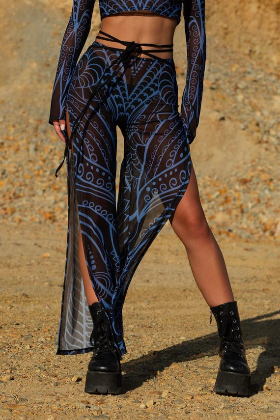 Mesh Slit Pants Women, Rave Disco Pants, Festival Pants, Rave Clothing, Mesh Pants For Woman, Burning Man Clothing Woman, Rave Outfit Woman