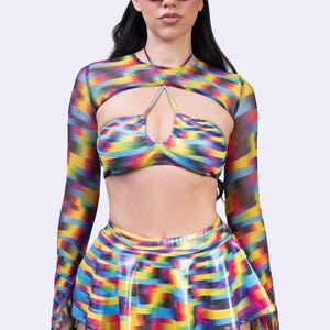 Mesh Rave Shrug, Shiny Top, Sexy Rainbow Top, Cut-out Top, Pride Top,  Psychedelic Festival Top, Festival Halter Top, Psychedelic Outfit,