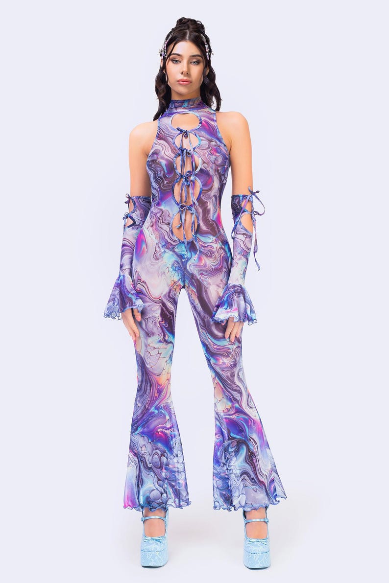 Flared Sleeve Jumpsuit, Silver Festival Outfit, Cutout Bodysuit, Mesh ...