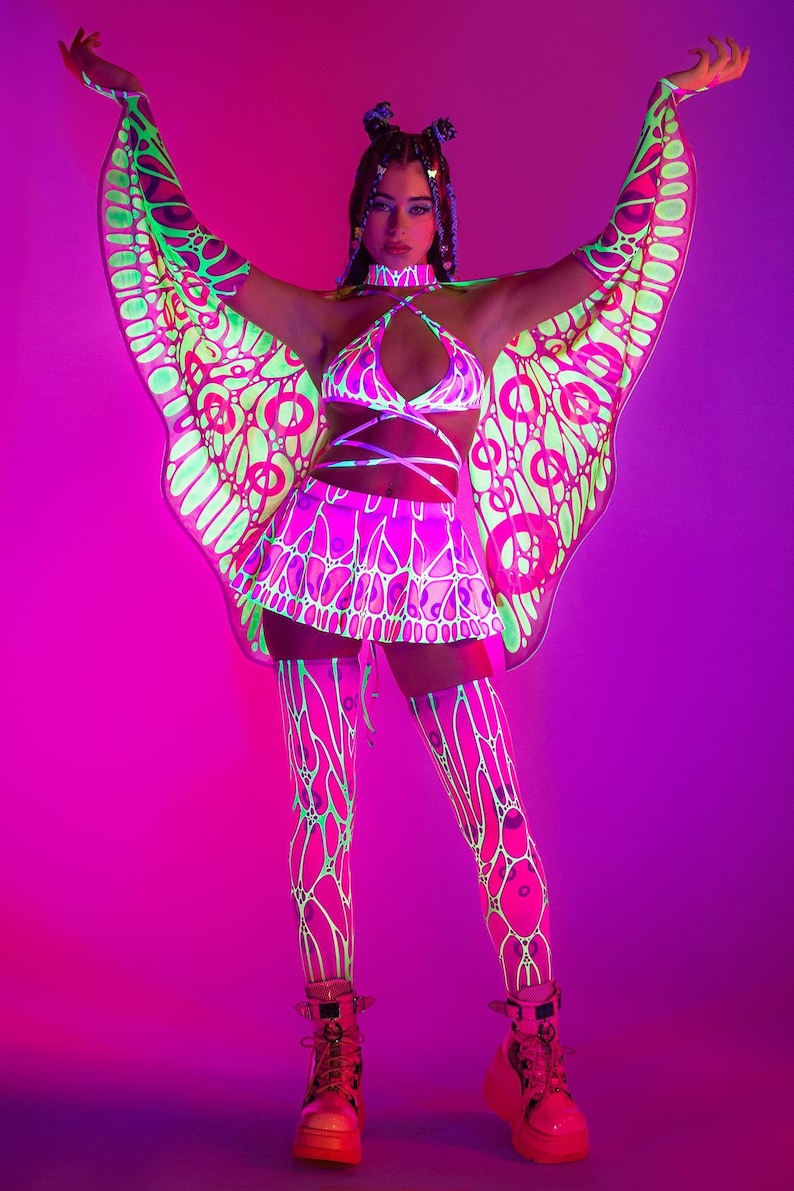 UV Reflective Skirt Set Women, Pink Rave Outfit, Micro Festival Set ...