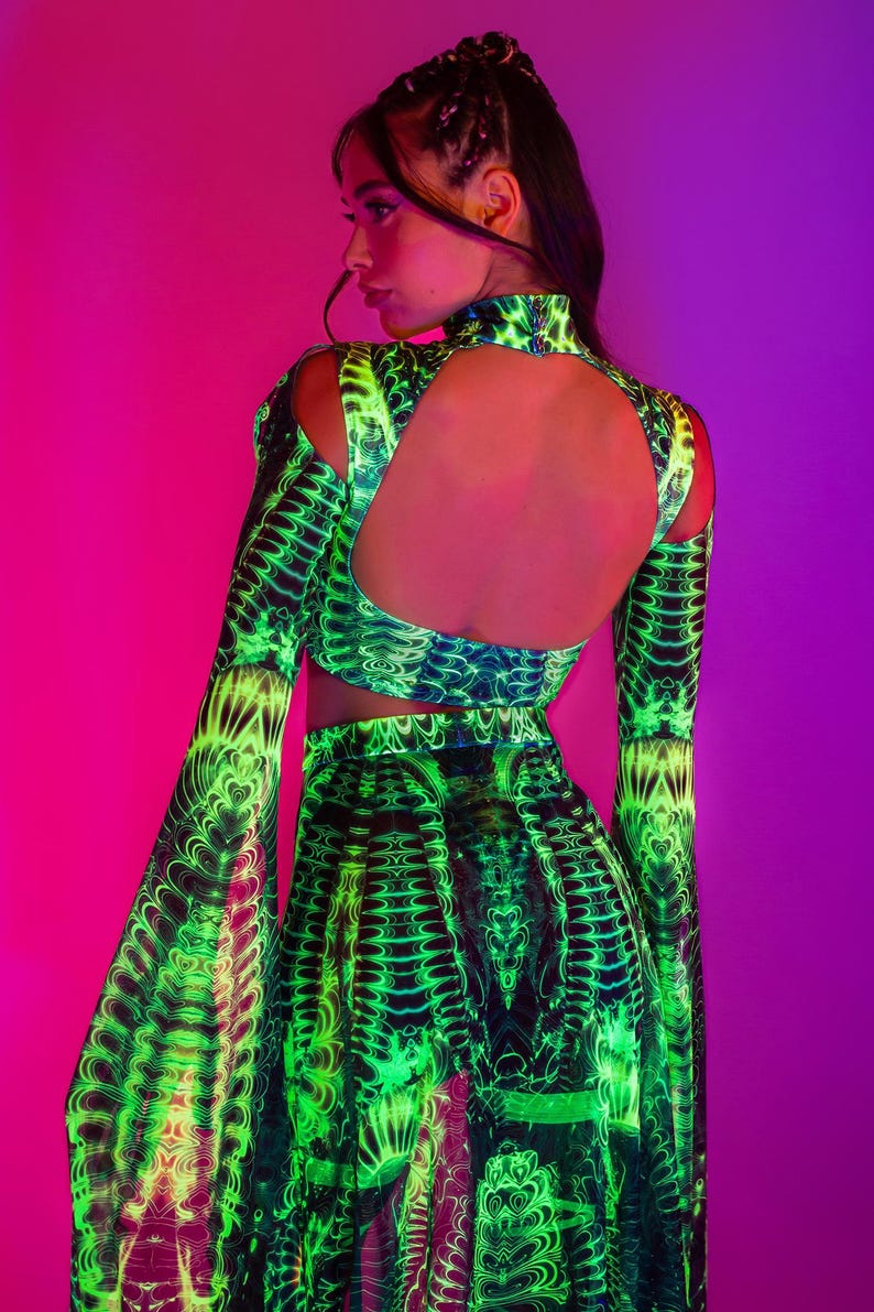 Green Rave Tops UV Green Maxi Sleeve Top Woman, UV Reactive Rave Crop Top, Mesh Rave ...