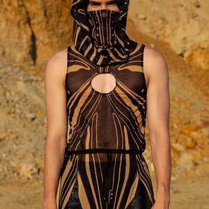 Festival Hooded Tunic, Burning Man Outfit, Rave Mesh Tunic Men, Rave Tunic For Men, Performance Festival Outfit, Male Rave Party Clothing