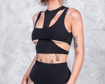 Top corto negro, top rave, top techno, top de festival, atuendo sexy para festival, conjunto rave, atuendo de festival para mujer, atuendo rave para mujer, pantalones cortos rave