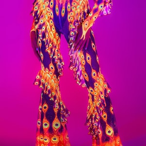 Rave Mesh Purple Pants, UV Reactive Bottoms Women, Psychedelic Pants Women, Bell Bottom Pants, UV Light Rave Clothing, Rave Wear For Women