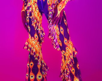 Rave Mesh Purple Pants, UV Reactive Bottoms Women, Psychedelic Pants Women, Bell Bottom Pants, UV Light Rave Clothing, Rave Wear For Women