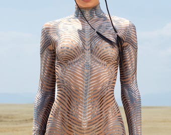 Mesh Rave-kostuum, Burning Man Festival-outfit, pure catsuit vrouwen, trippy print Romper, psychedelische kleding, festival mesh-kostuum