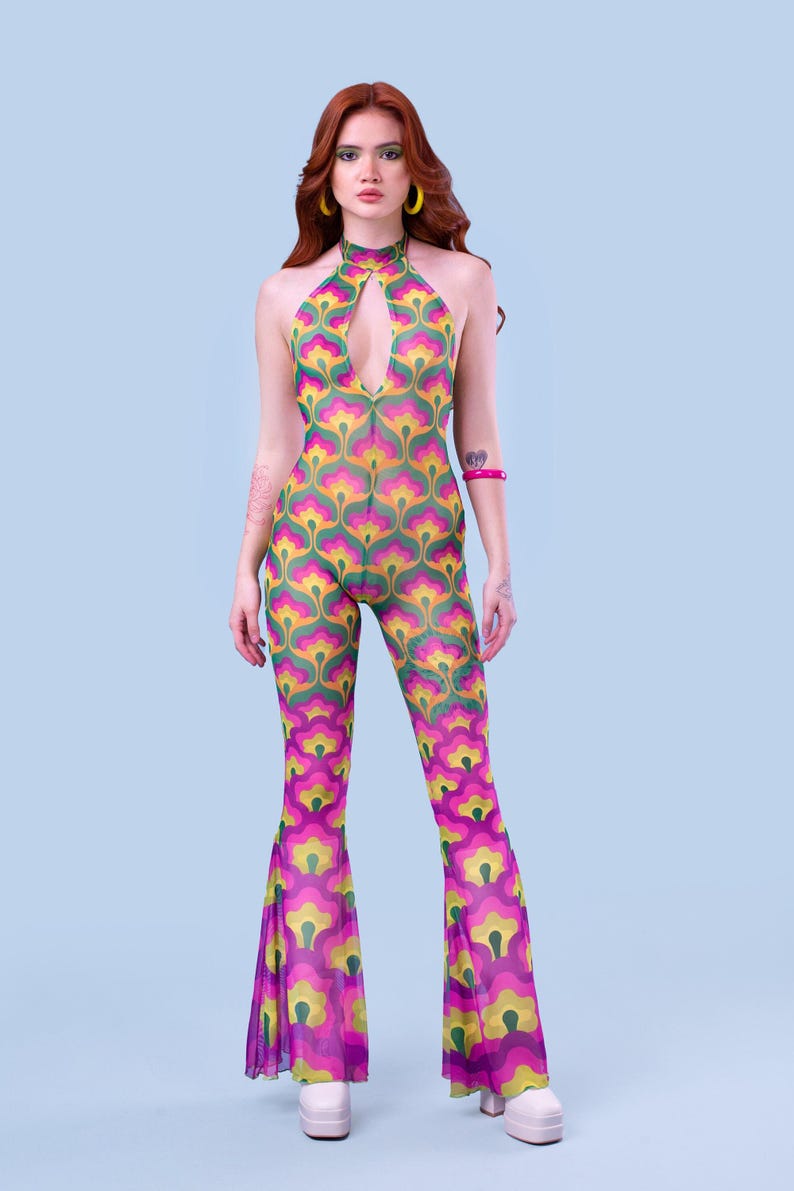 Halter Hippie Romper, Hippie Bell Bottoms Romper Women, Boho Halter Romper, Boho Rave Roper Women, 80's Fashion Women, Boho Chick Clothes image 3