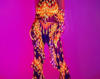 UV-licht raveset voor dames, ravewear mesh paarse broekset, UV-reactieve festivaloutfit, psychedelische raveset, UV-licht ravekleding