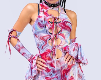 Clown Mesh Mini Dress Set, Trippy Halloween Outfit, Women Clown Dress, Mesh Flared Gloves, Mesh Clown Outfit, Cute Halloween Outfit Woman