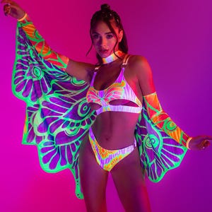 UV Wings Fairy Rave Set Woman, Butterfly Outfit Women, UV Reflective Wings,Festival Outfit, Performance Costume Women, UV Reactive Set Women