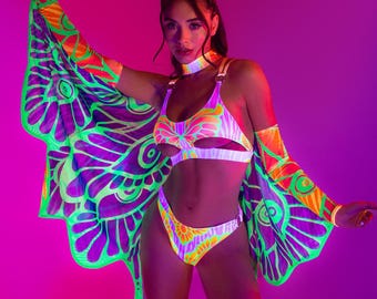 Set da fata con ali UV per rave da donna, vestito da farfalla da donna, ali riflettenti UV, vestito da festival, costume da spettacolo da donna, set reattivo ai raggi UV da donna