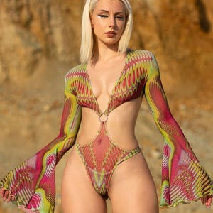 Psychedelic Long Sleeve Bodysuit, Rave Bodysuit Women, Burning Man Bodysuit, Rave Ring Bodysuit, Festival Party Clothing Women, Rave Outfit