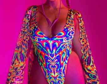 Mesh Winged UV Costume, Butterfly Sleeves Bodysuit, Psychedelic Women Catsuit, UV Reactive Clothing, Festival Costume, Cutout Woman Bodysuit