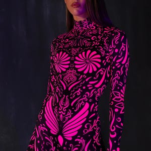 UV Light Reactive Costume, Pink Neon Costume Women, Festival Bodysuit Women, UV Reactive Costume Women, Rave UV Party Costume For Women