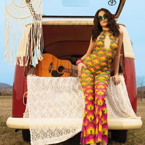 Halter Hippie Romper, Hippie Bell Bottoms Romper Women, Boho Halter Romper, Boho Rave Roper Women, 80's Fashion Women, Boho Chick Clothes image 6